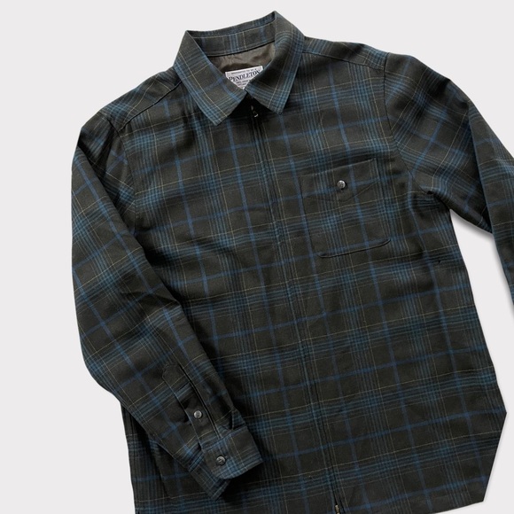 Vtg Pendleton Virgin Wool Zip Up Plaid Collared Shirt Navy & Dark Green Size M - Picture 1 of 8